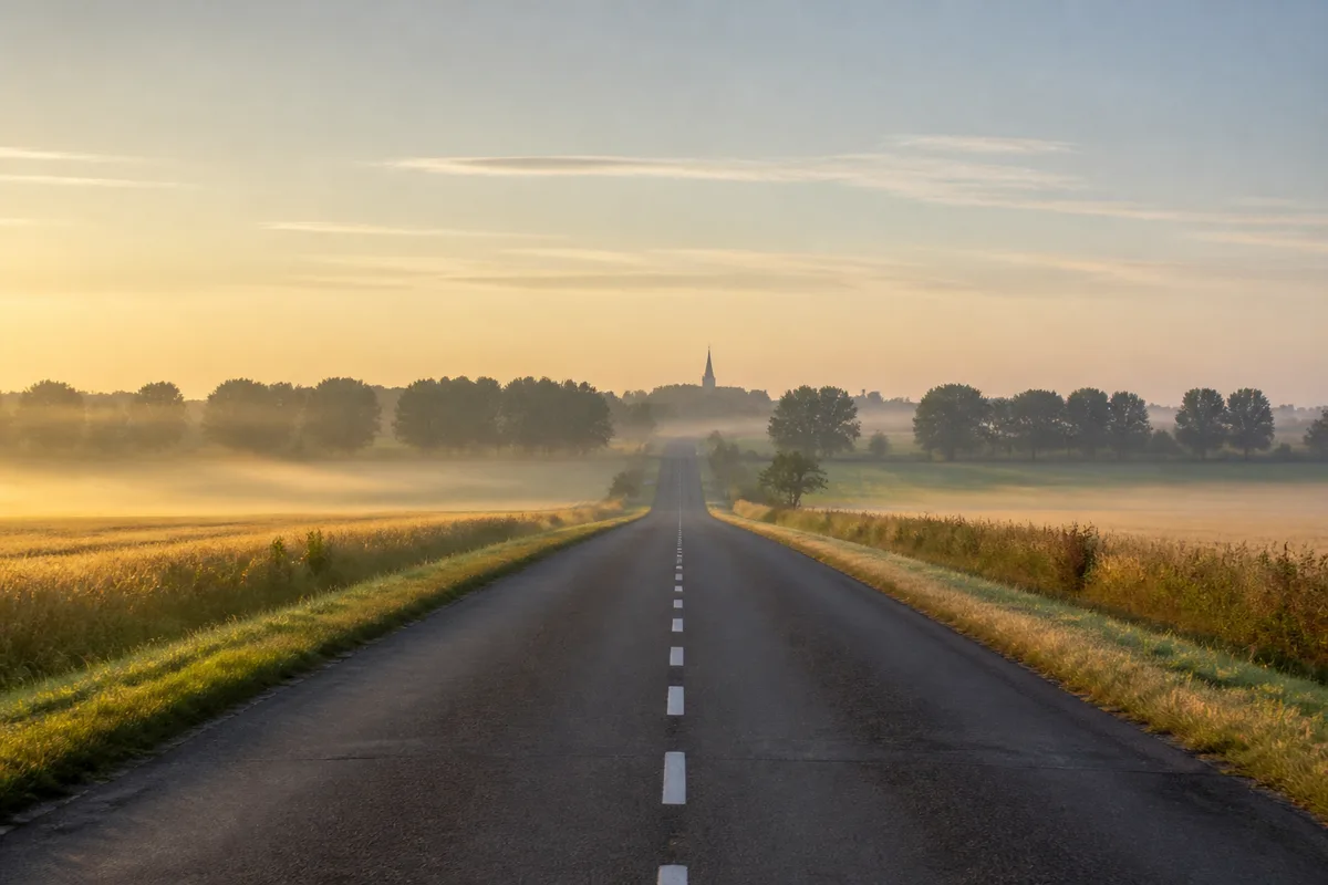 Route départementale bordée de champs au lever du jour dans un paysage rural