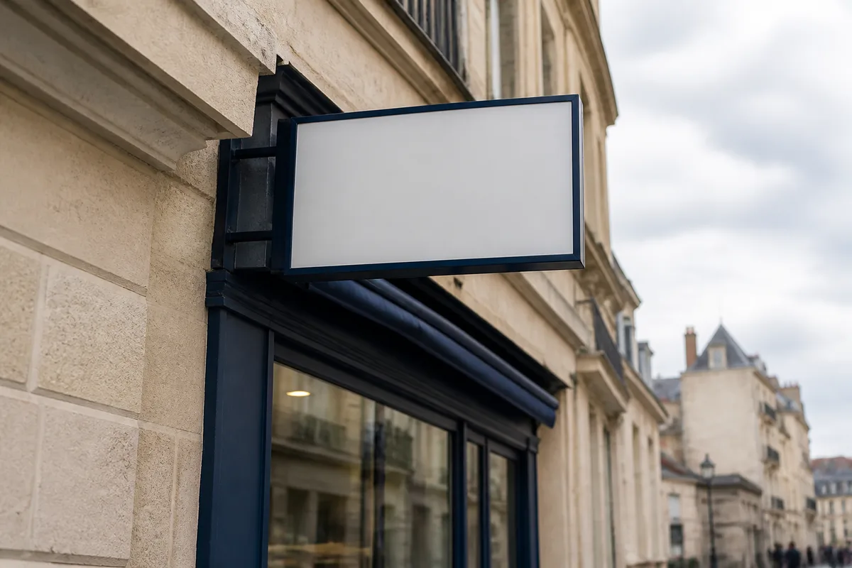 Panneau d’une auto-école accroché sur une façade de rue en ville moyenne