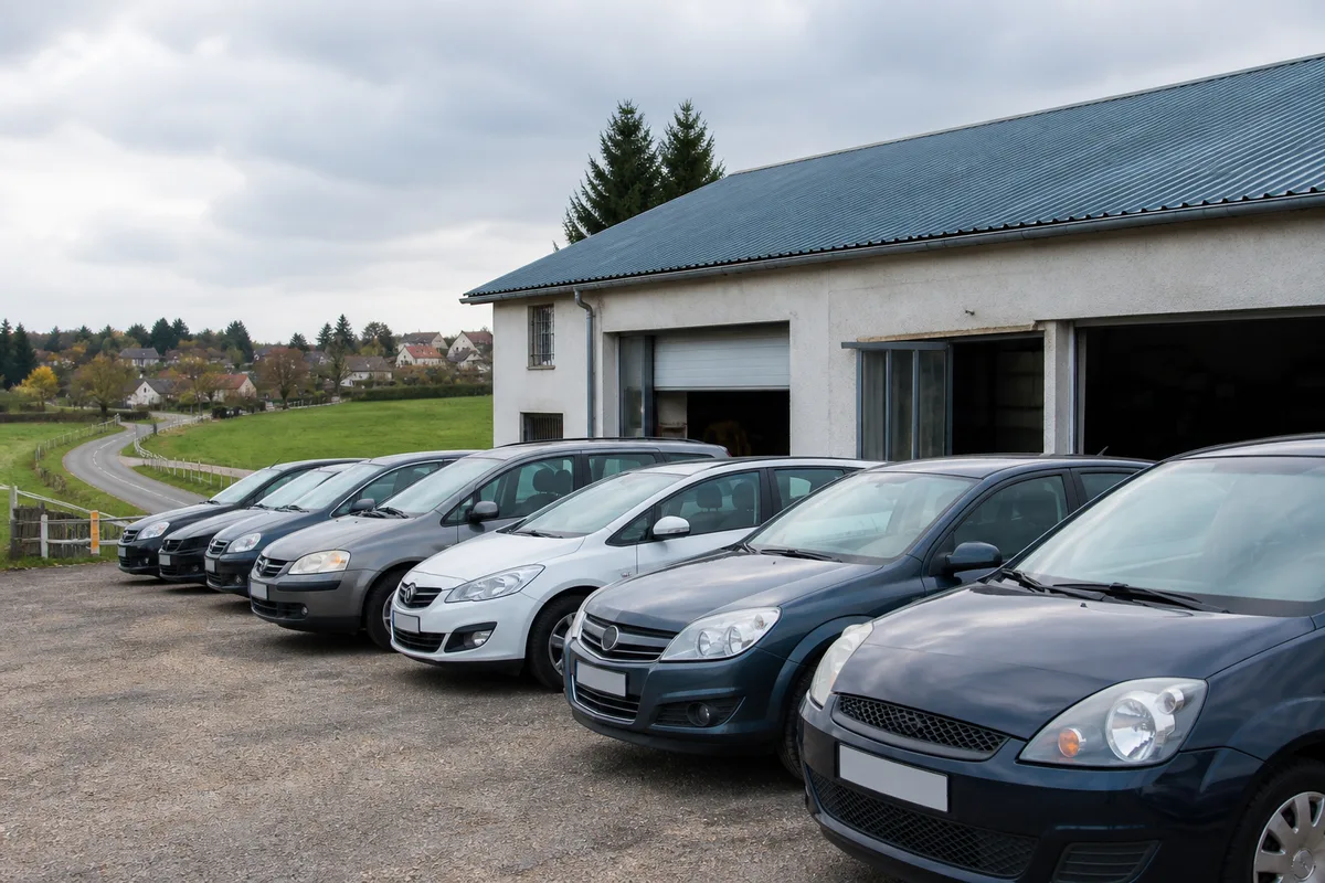 Voitures d&rsquo;occasion alignées sur le parking d&rsquo;un atelier associatif