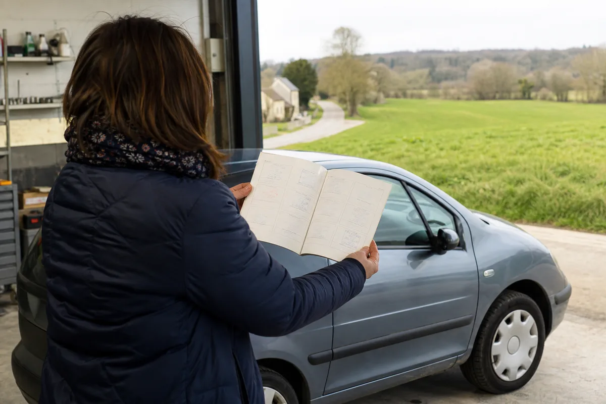 Personne examinant le carnet d&rsquo;entretien d&rsquo;une voiture d&rsquo;occasion