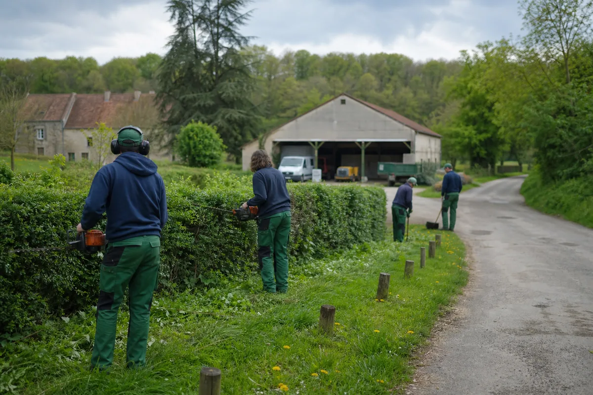 Équipe en tenue de travail sur un chantier d&rsquo;entretien d&rsquo;espaces naturels