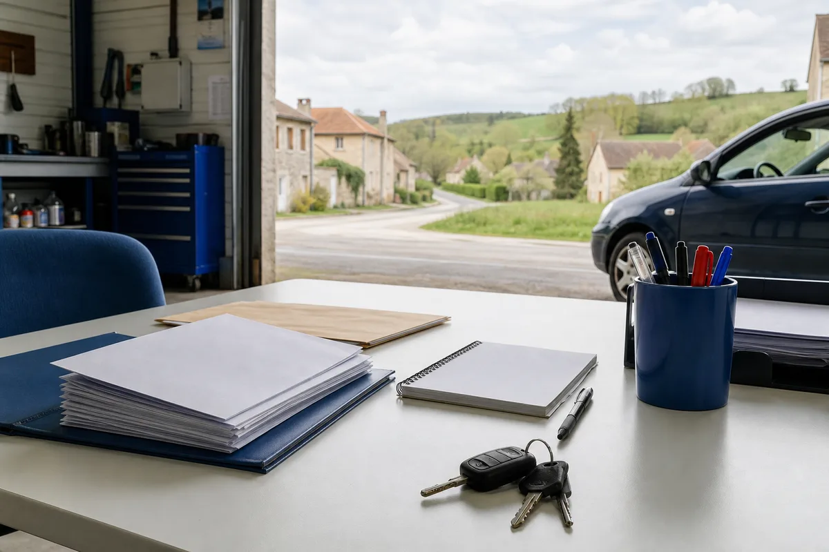 Documents administratifs et clés de voiture posés sur une table de bureau