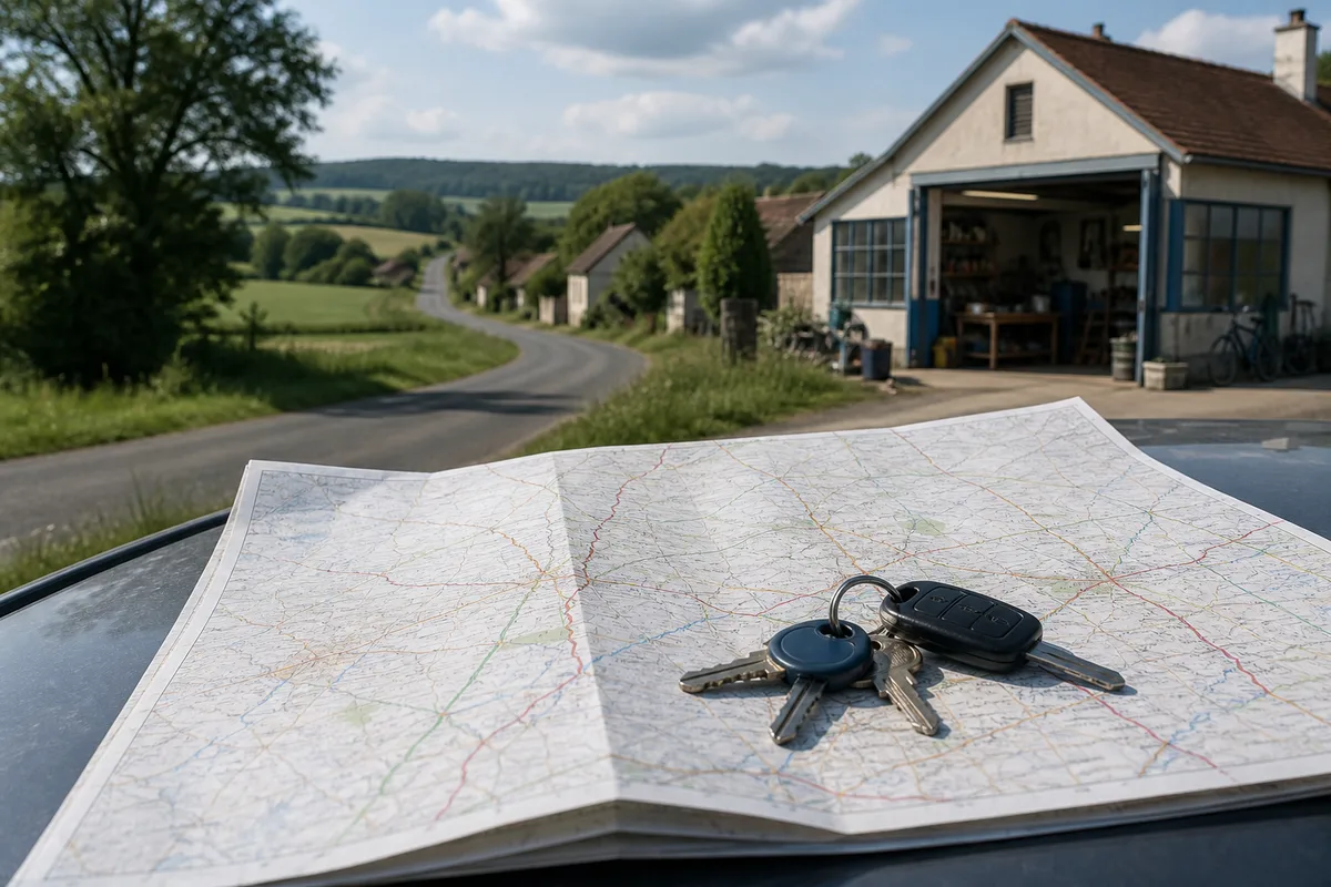 Carte routière et clés posées sur un plan de trajet domicile-travail