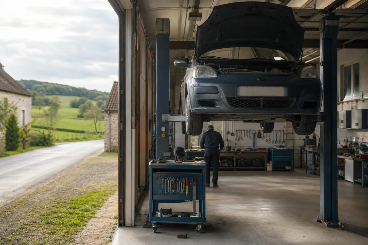Atelier de mécanique automobile associatif avec un véhicule sur pont élévateur
