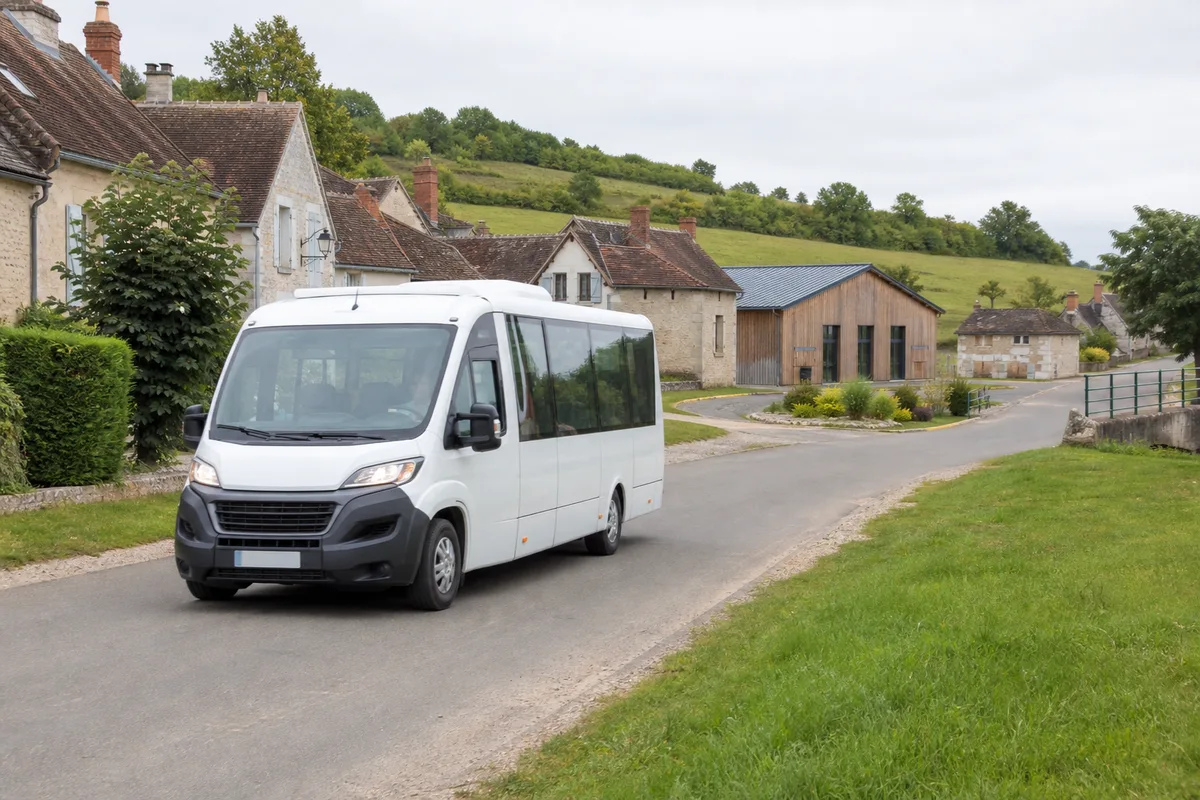 Minibus de transport collectif circulant dans un village rural
