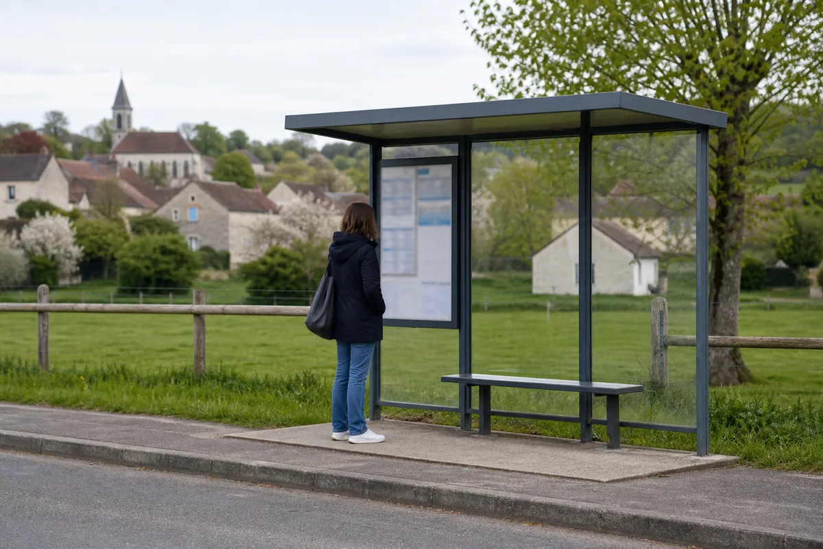 Personne consultant les horaires de transport sur un abribus de campagne