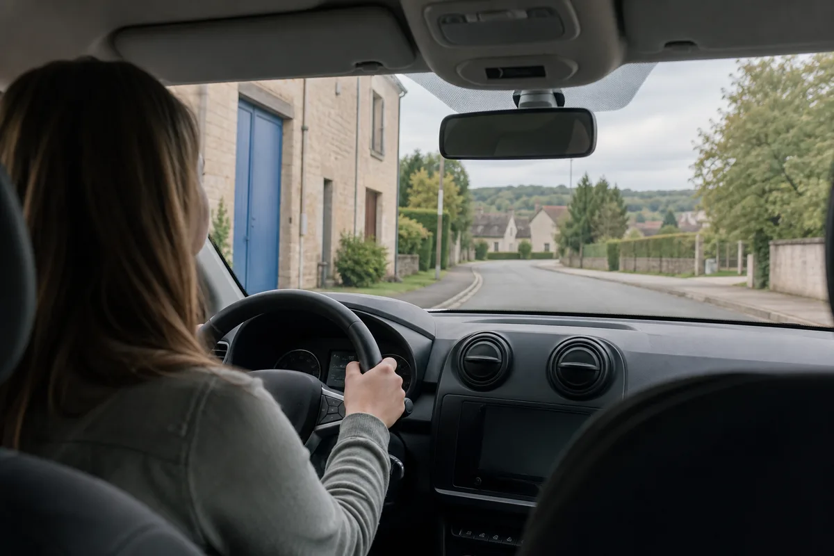 Élève conducteur au volant d’une voiture d’auto-école en zone urbaine