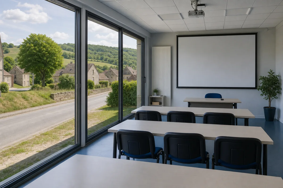 Salle de formation au code de la route avec écran et rangées de tables