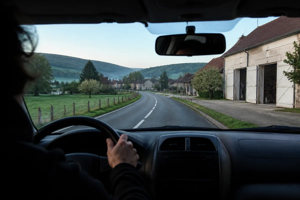 Personne au volant d’une voiture sur une route départementale au petit matin